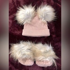 0-3 month, faux fur, knit hat and booties
